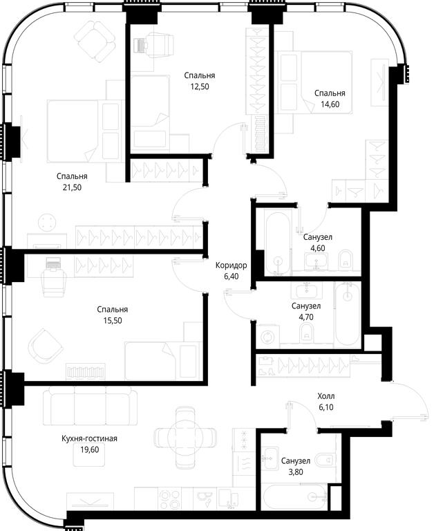 4-BD Apartment Sale, 109.3 sq. m. at Multikvartal CITYZEN, Vishnyovaya Street, Moscow, Russia #1