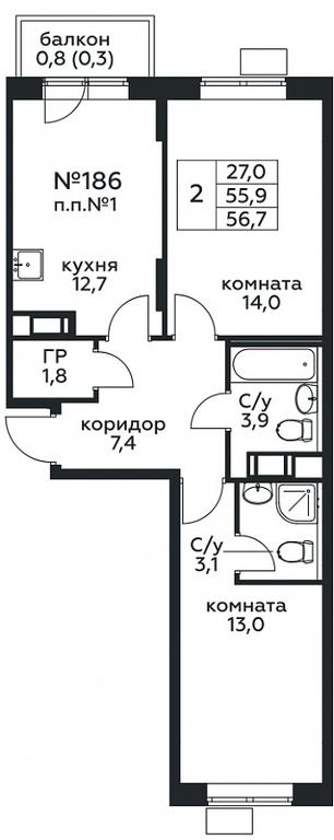 1-BD Apartment Sale, 56.7平方米 at Tsvetochnye Poliany, kvartal № 23, Filimonkovskoye Municipal Formation, Moscow, Russia #1