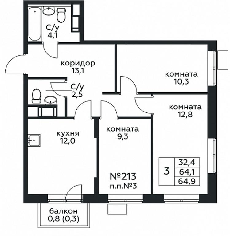 2-BD Apartment Sale, 64.9平方米 at Tsvetochnye Poliany, kvartal № 23, Filimonkovskoye Municipal Formation, Moscow, Russia #1