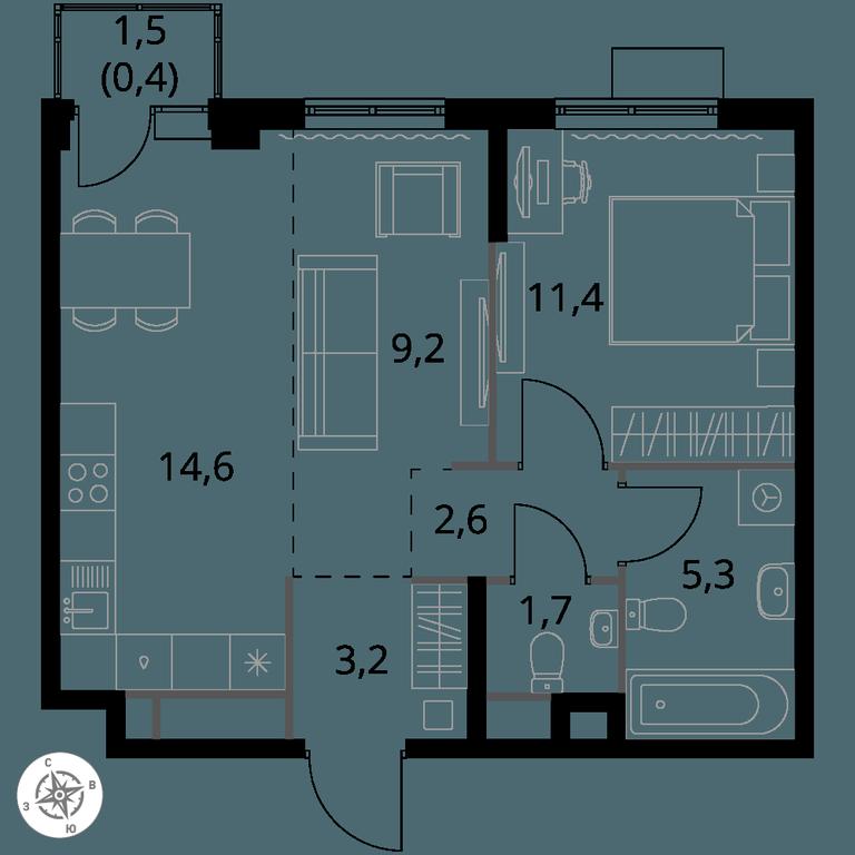 2-BD Apartment Sale, 48.4平方米 at 1 Himkinskij, zhiloy kompleks 1-y Khimkinskiy, kvartal Mezhdunarodny, mikrorayon Klyazma-Starbeyevo, Khimki, Moscow Region, Russia #1