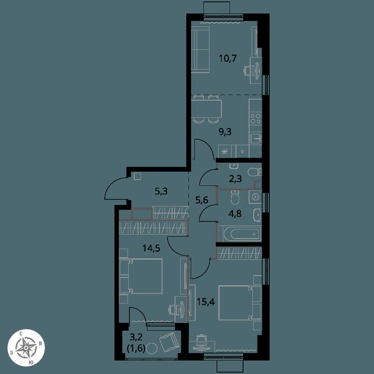 3-BD Apartment Sale, 69.5 sq. m. at 1 Himkinskij, zhiloy kompleks 1-y Khimkinskiy, kvartal Mezhdunarodny, mikrorayon Klyazma-Starbeyevo, Khimki, Moscow Region, Russia #1