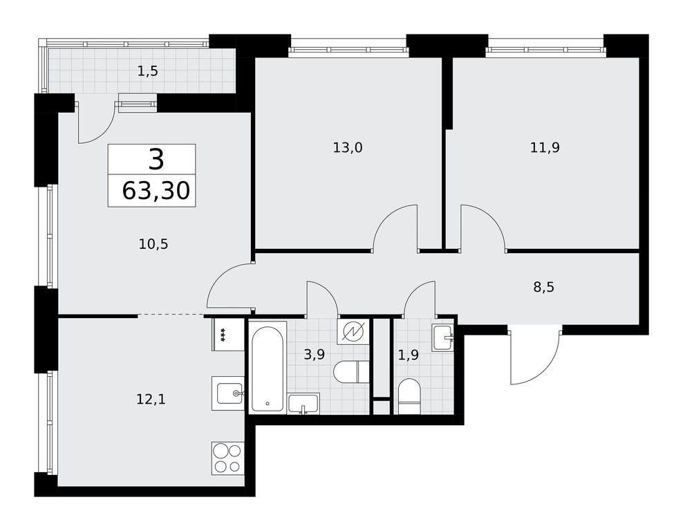 2-BD Apartment Sale, 63.3平方米 at Rodniye Kvartaly, Kvartal № 33, Marushkinskoye Settlement, Moscow, Russia #1