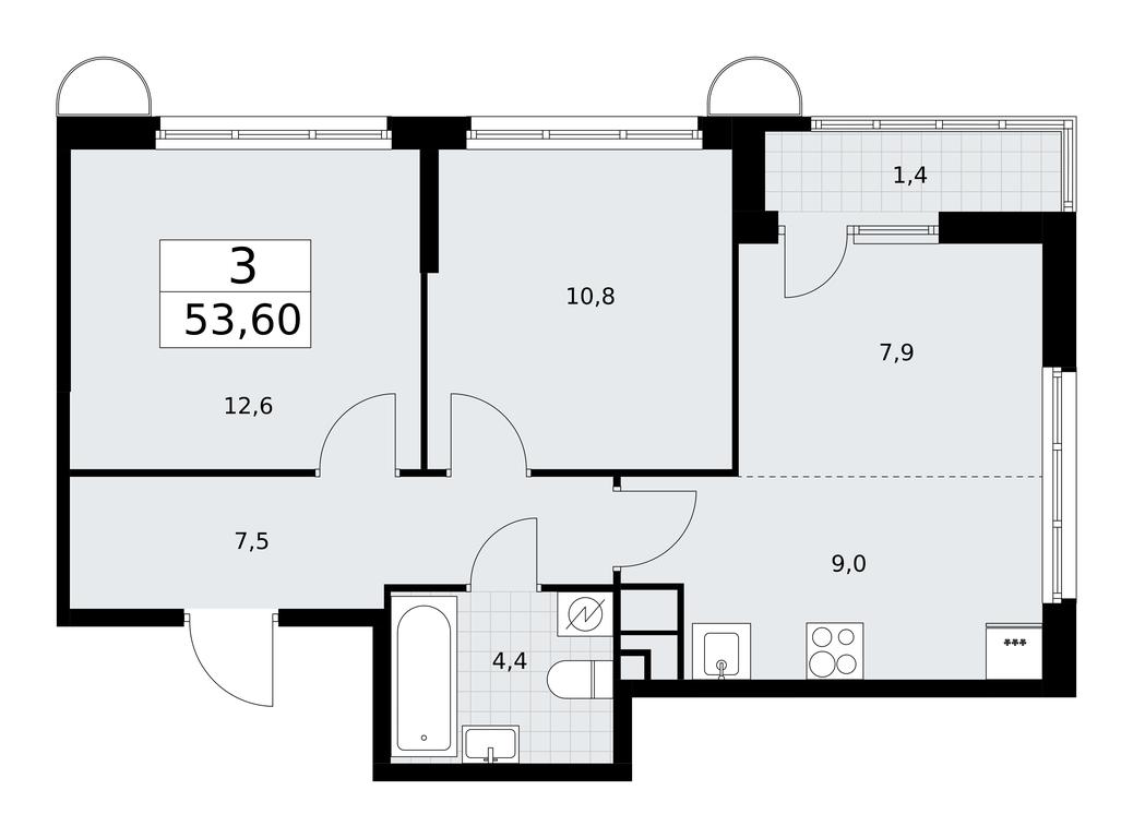 2-BD Apartment Sale, 53.6平方米 at Rodniye Kvartaly, Kvartal № 33, Marushkinskoye Settlement, Moscow, Russia #1