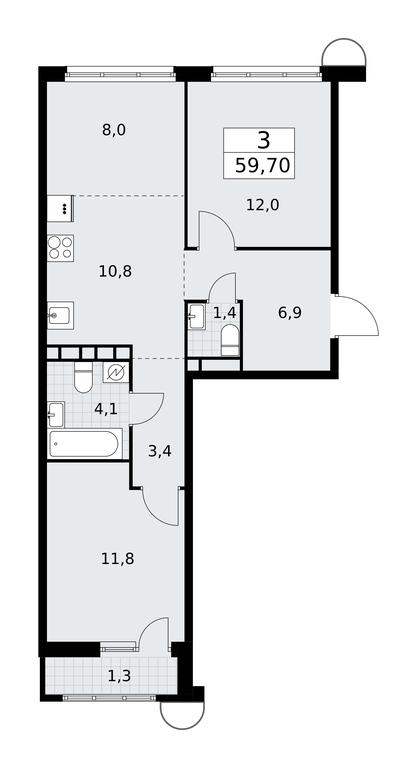 2-BD Apartment Sale, 59.7平方米 at Rodniye Kvartaly, Kvartal № 33, Marushkinskoye Settlement, Moscow, Russia #1