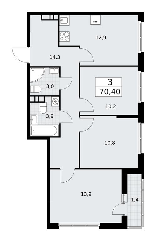 2-BD Apartment Sale, 70.4平方米 at Rodniye Kvartaly, Kvartal № 33, Marushkinskoye Settlement, Moscow, Russia #1