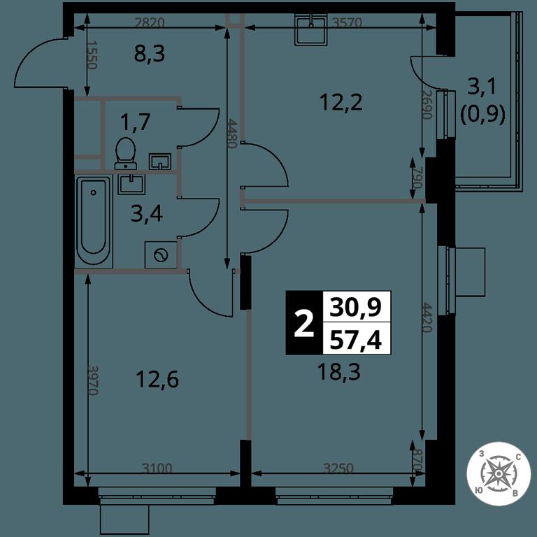 2-BD Apartment Sale, 57.4 sq. m. at Pervy Donskoj, zhiloy mikrorayon Sapronovo, derevnya Sapronovo, Leninskiy City District, Moscow Region, Russia #2