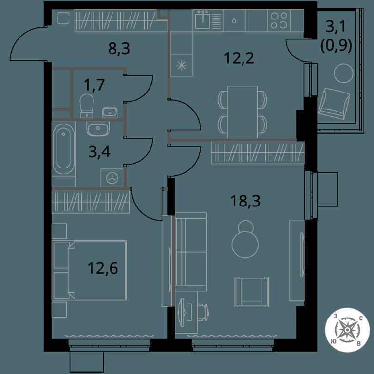2-BD Apartment Sale, 57.4 sq. m. at Pervy Donskoj, zhiloy mikrorayon Sapronovo, derevnya Sapronovo, Leninskiy City District, Moscow Region, Russia #1