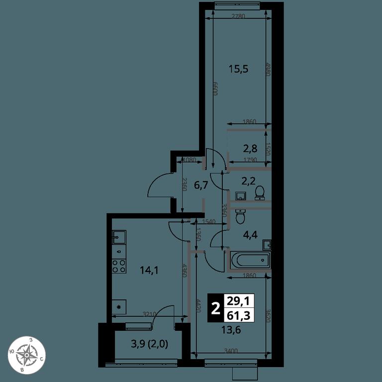 2-BD Apartment Sale, 61.3 sq. m. at 1 Yasenevskij, Kvartal № 24, Mosrentgen Settlement, Moscow, Russia #1