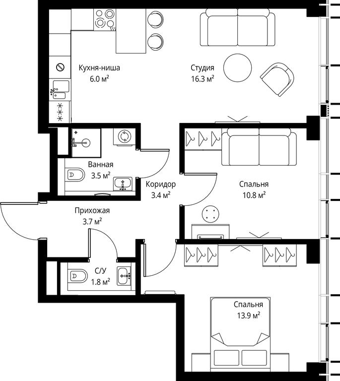 2-BD Apartment Sale, 59.4平方米 at Symphony 34, 2nd Khutorskaya Street, 38А, Moscow, Russia #2 2-BD Apartment Sale, 59.4平方米 at Symphony 34, 2nd Khutorskaya Street, 38А, Moscow, Russia #2