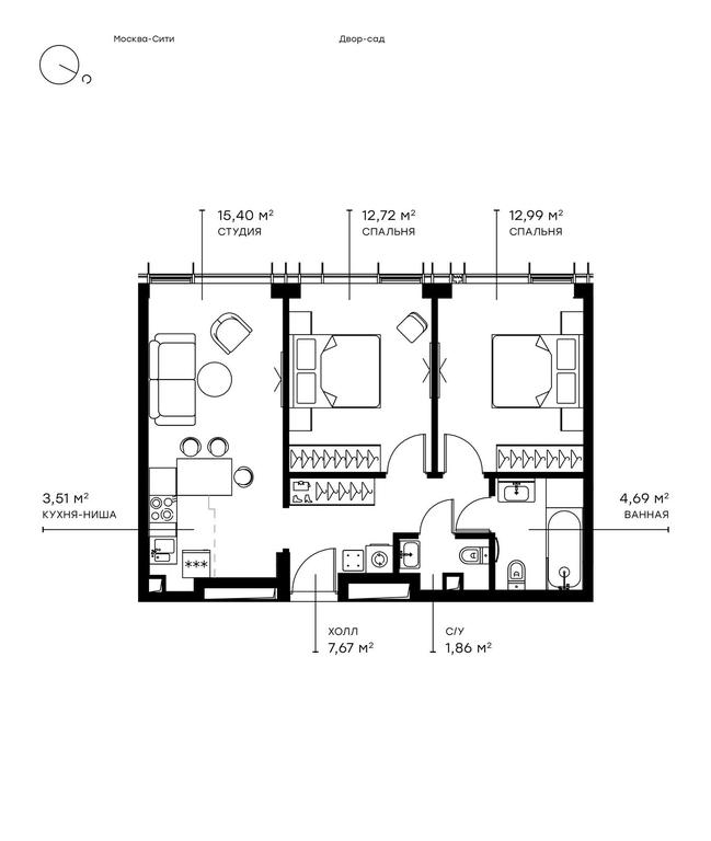 2-BD Apartment Sale, 59.5 sq. m. at Symphony 34, 2nd Khutorskaya Street, 38А, Moscow, Russia #1