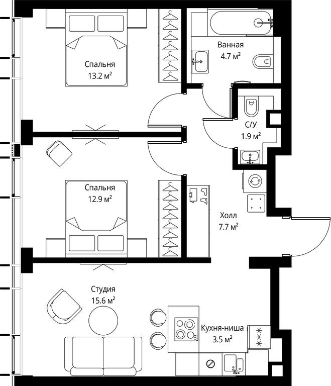 2-BD Apartment Sale, 59.5 sq. m. at Symphony 34, 2nd Khutorskaya Street, 38А, Moscow, Russia #2 2-BD Apartment Sale, 59.5 sq. m. at Symphony 34, 2nd Khutorskaya Street, 38А, Moscow, Russia #2