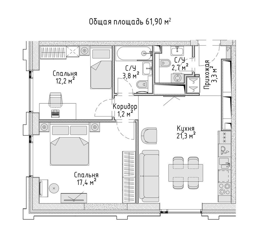 2-BD Apartment Sale, 62.7 sq. m. at City Bay, Volokolamskoye Highway, 95с3, Moscow, Russia #1