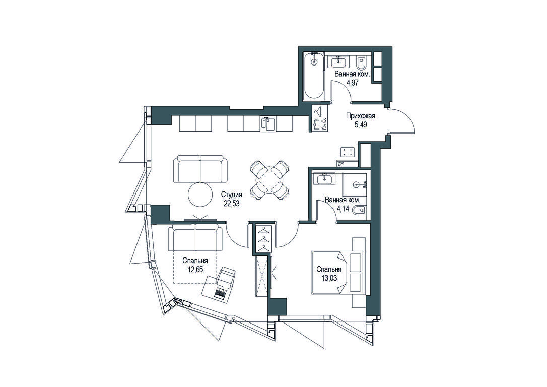 2-BD Apartment Sale, 62.89 sq. m. at Famous, Bagrationovsky Drive, 5к2, Moscow, Russia #1