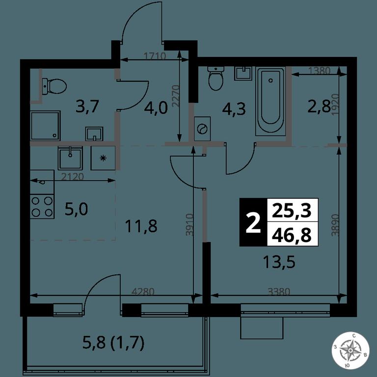 2-BD Apartment Sale, 46.8 sq. m. at 1 Yasenevskij, Kvartal № 24, Mosrentgen Settlement, Moscow, Russia #1