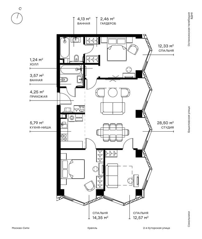 3-BD Apartment Sale, 89.9 sq. m. at Symphony 34, 2nd Khutorskaya Street, 38А, Moscow, Russia #1 3-BD Apartment Sale, 89.9 sq. m. at Symphony 34, 2nd Khutorskaya Street, 38А, Moscow, Russia #1