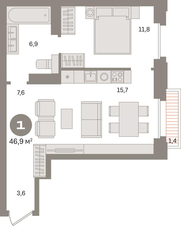 1-BD Apartment Sale, 47.4平方米 at Kvartal «MONS», Ogorodny Drive, Moscow, Russia #1