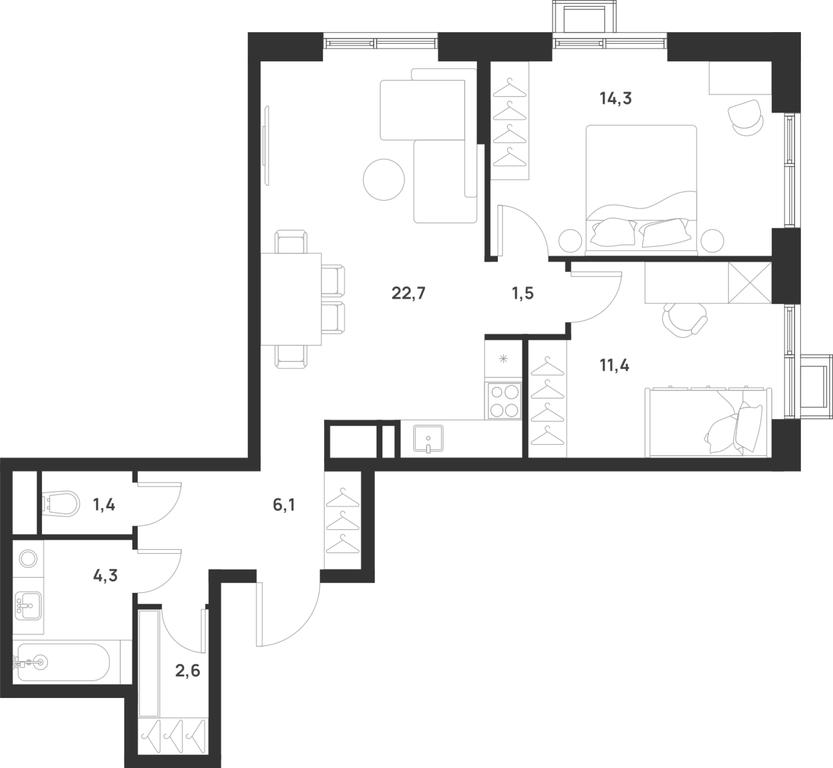 1-BD Apartment Sale, 64.3平方米 at Газопровод, Sosenskoye Settlement, Moscow, Russia #1