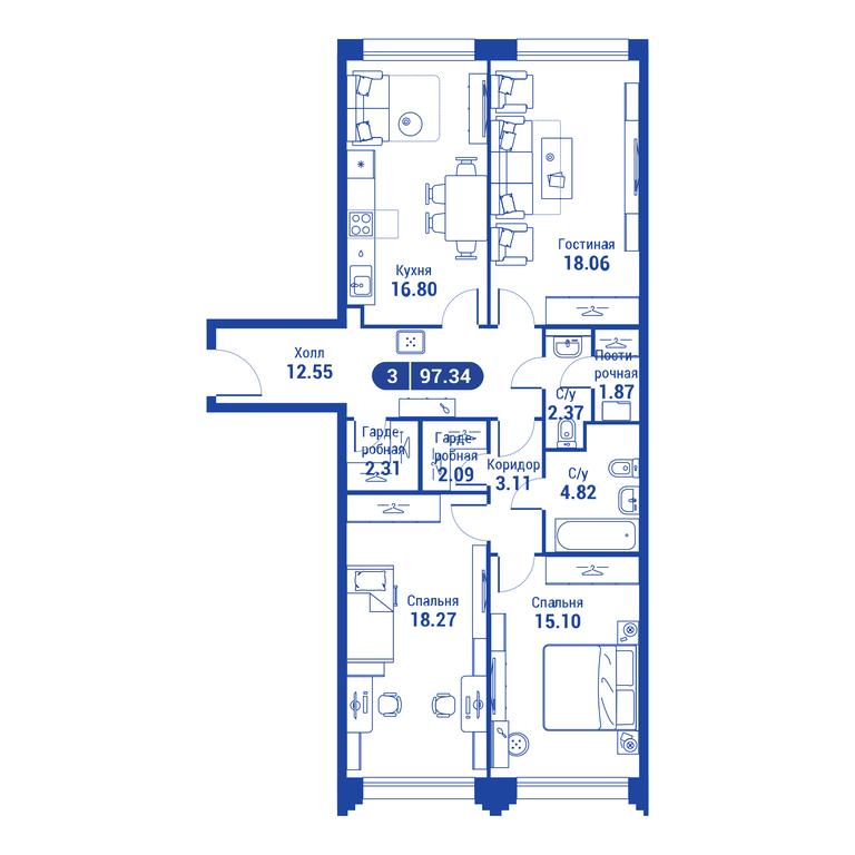 2-BD Apartment Sale, 97.1平方米 at iLove, улица Бочкова, 11А, Москва, Россия #2 2-BD Apartment Sale, 97.1平方米 at iLove, улица Бочкова, 11А, Москва, Россия #2