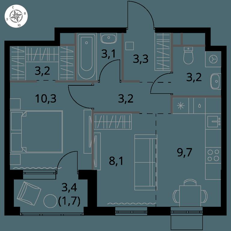 2-BD Apartment Sale, 45.8平方米 at 1 Himkinskij, zhiloy kompleks 1-y Khimkinskiy, kvartal Mezhdunarodny, mikrorayon Klyazma-Starbeyevo, Khimki, Moscow Region, Russia #1
