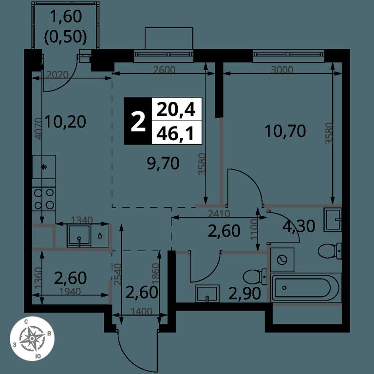 2-BD Apartment Sale, 46.1平方米 at 1 Himkinskij, zhiloy kompleks 1-y Khimkinskiy, kvartal Mezhdunarodny, mikrorayon Klyazma-Starbeyevo, Khimki, Moscow Region, Russia #2