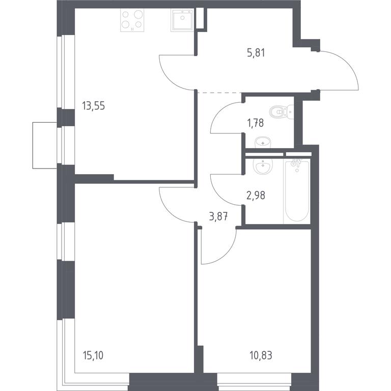 1-BD Apartment Sale, 53.92 sq. m. at Bogdanovskiy Les, derevnya Bogdanikha, Leninskiy City District, Moscow Region, Russia #1