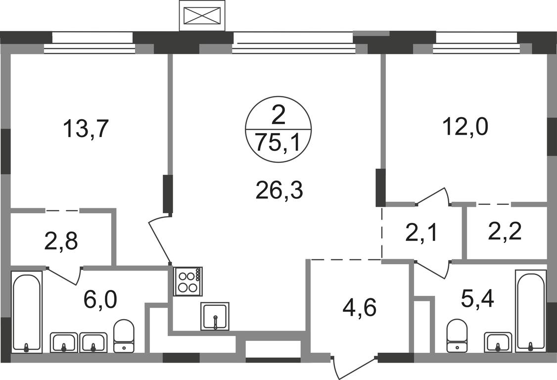 2-BD Apartment Sale, 75.1平方米 at Rezidentsii Skolkovo, Kashtanovaya ulitsa, 1, rabochiy posyolok Zarechye, Odintsovskiy City District, Moscow Region, Russia #1