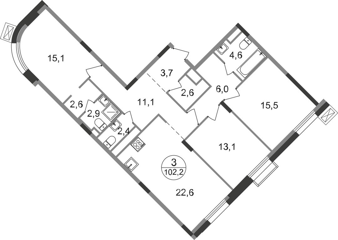 3-BD Apartment Sale, 102.2平方米 at Rezidentsii Skolkovo, Kashtanovaya ulitsa, 1, rabochiy posyolok Zarechye, Odintsovskiy City District, Moscow Region, Russia #1
