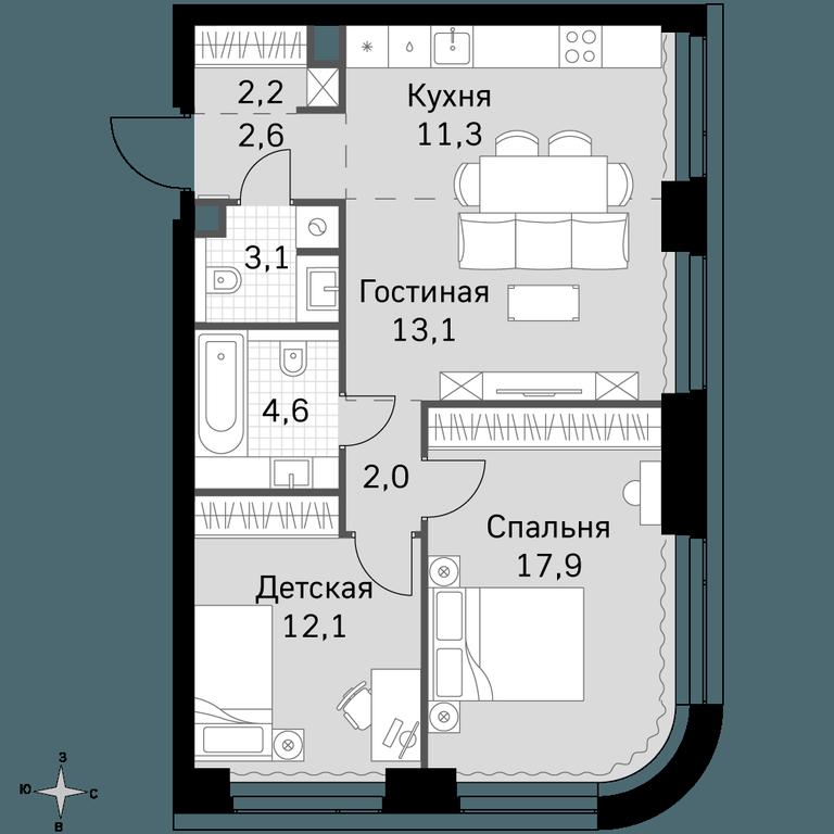 3-BD Apartment Sale, 68.9平方米 at Amber City, 3rd Khoroshyovsky Drive, 3А, Moscow, Russia #1