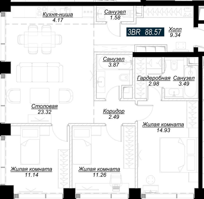 3-BD Apartment Sale, 85.68平方米 at Mod, 4th Maryinoy Roschi Street, 12с9, Moscow, Russia #1