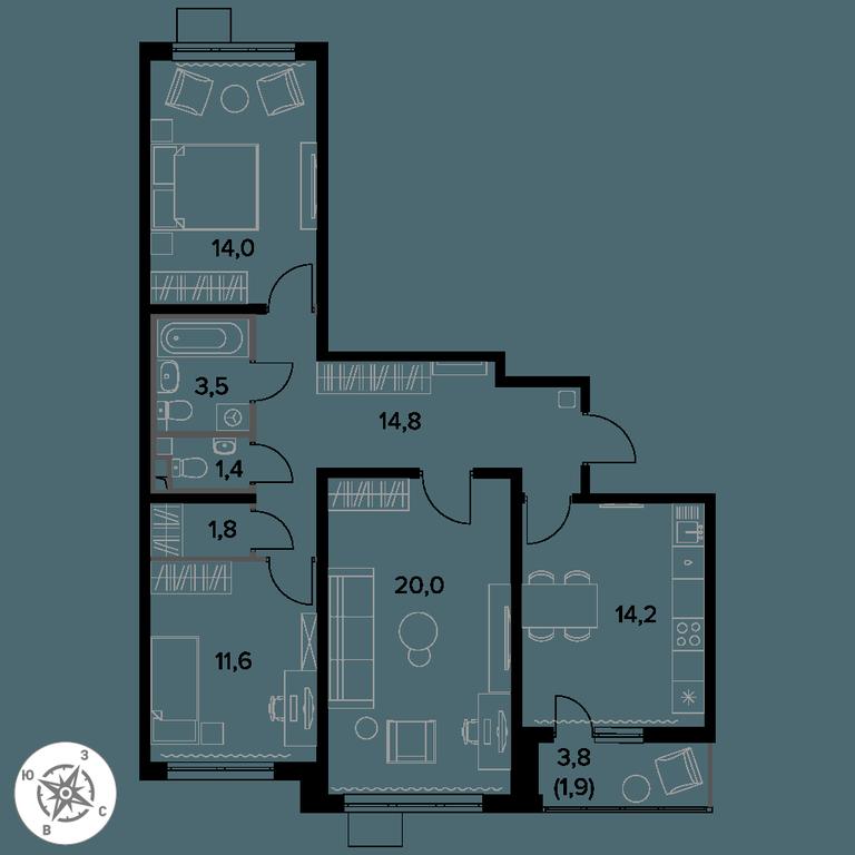 3-BD Apartment Sale, 83.2 sq. m. at Pervy Donskoj, zhiloy mikrorayon Sapronovo, derevnya Sapronovo, Leninskiy City District, Moscow Region, Russia #1
