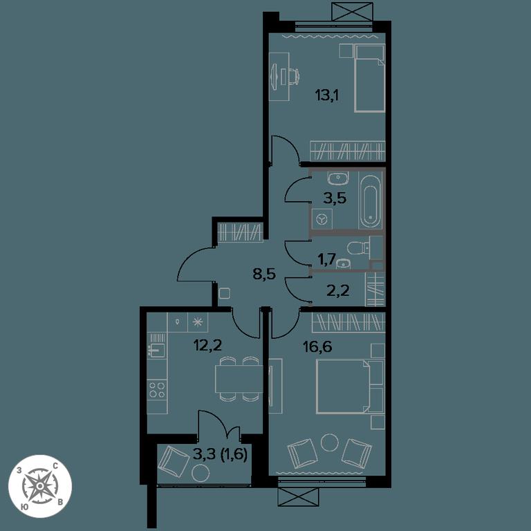 2-BD Apartment Sale, 59.4 sq. m. at Pervyi Leningradskiy, Pervy Leningradskiy Residential Complex, Moscow, Russia #1
