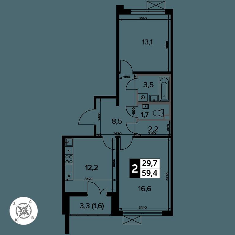 2-BD Apartment Sale, 59.4平方米 at Pervyi Leningradskiy, Pervy Leningradskiy Residential Complex, Moscow, Russia #2