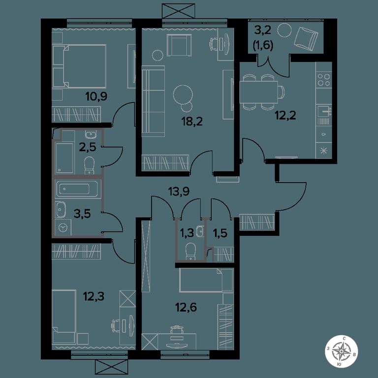 4-BD Apartment Sale, 90.6 sq. m. at Yzhnaya Bitsa, Yuzhnaya Bitsa Residential Complex, posyolok Bittsa, Leninskiy City District, Moscow Region, Russia #1