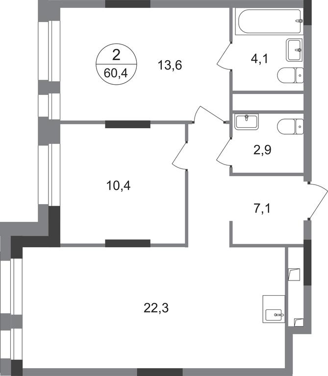 2-BD Apartment Sale, 60.4平方米 at Pervyi Moskovskiy, ulitsa Bianki, 1, Moskovskiy, Moscow, Russia #1