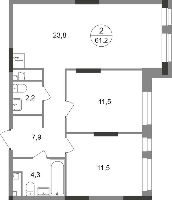 2-BD Apartment Sale, 61.2平方米 at Pervyi Moskovskiy, ulitsa Bianki, 1, Moskovskiy, Moscow, Russia #1