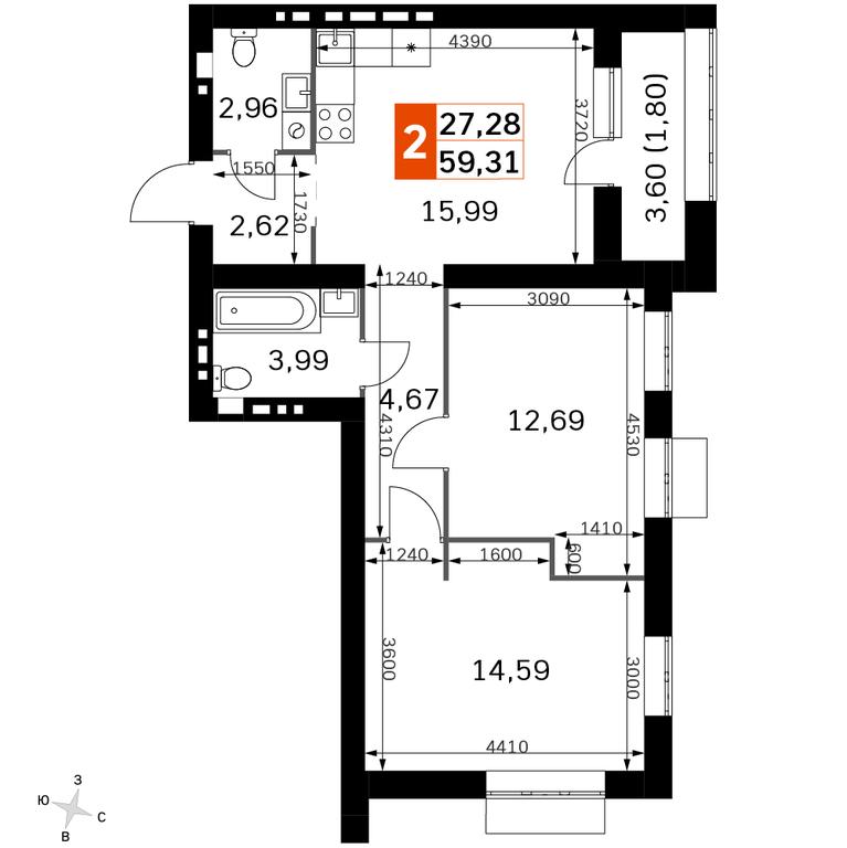 2-BD Apartment Sale, 59.31平方米 at Zhavoronki Club, zhiloy kompleks Akkord Smart-kvartal, Mitkino Village, Odintsovskiy City District, Moscow Region, Russia #2 2-BD Apartment Sale, 59.31平方米 at Zhavoronki Club, zhiloy kompleks Akkord Smart-kvartal, Mitkino Village, Odintsovskiy City District, Moscow Region, Russia #2
