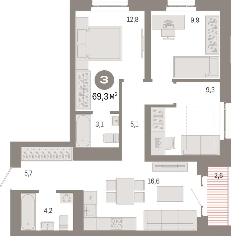 3-BD Apartment Sale, 69.3平方米 at Kvartal Metronom, Tagilskaya Street, Moscow, Russia #1