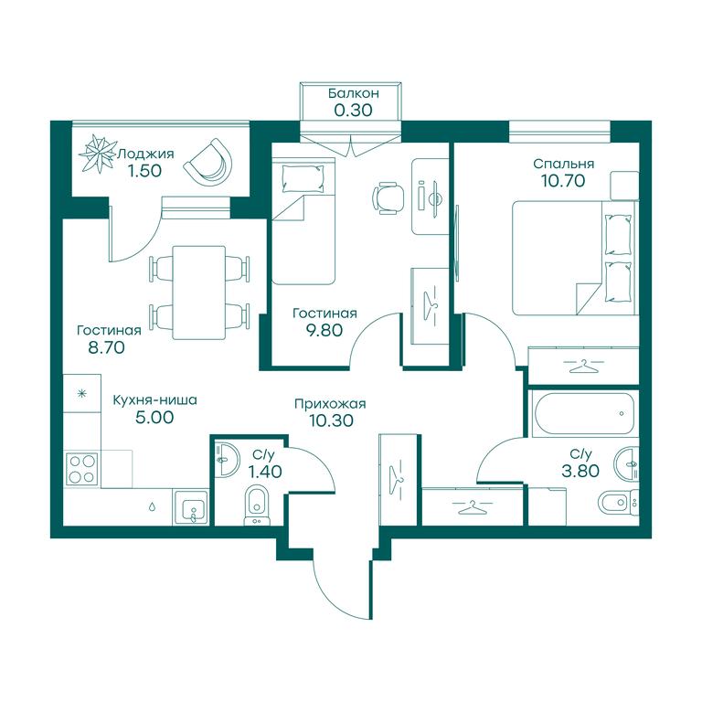 2-BD Apartment Sale, 49.3 sq. m. at Ravnovesie, zhiloy kompleks Ravnovesiye, selo Perkhushkovo, Odintsovskiy City District, Moscow Region, Russia #1
