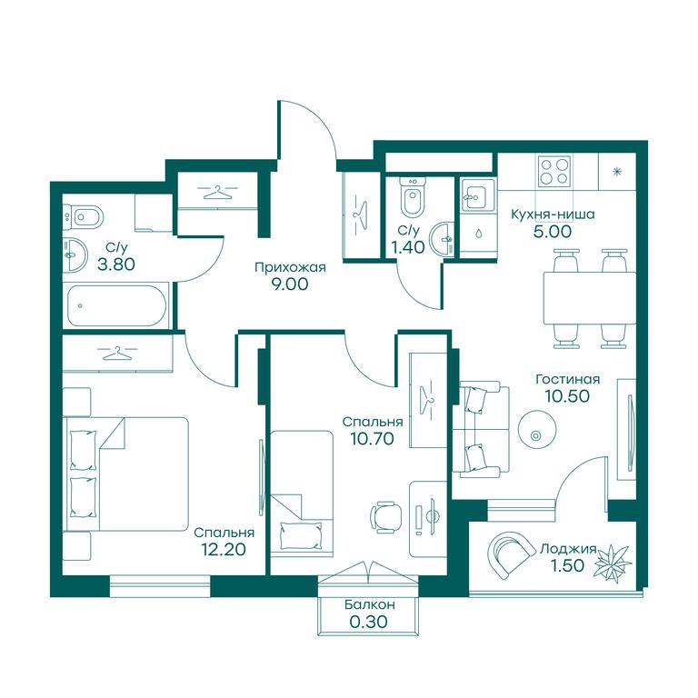 2-BD Apartment Sale, 52 sq. m. at Ravnovesie, zhiloy kompleks Ravnovesiye, selo Perkhushkovo, Odintsovskiy City District, Moscow Region, Russia #1