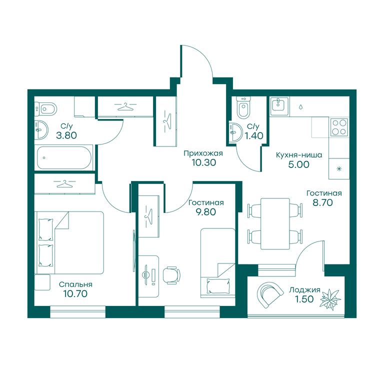 2-BD Apartment Sale, 49.4 sq. m. at Ravnovesie, zhiloy kompleks Ravnovesiye, selo Perkhushkovo, Odintsovskiy City District, Moscow Region, Russia #1