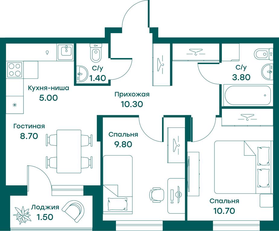 2-BD Apartment Sale, 49.7 sq. m. at Ravnovesie, zhiloy kompleks Ravnovesiye, selo Perkhushkovo, Odintsovskiy City District, Moscow Region, Russia #1
