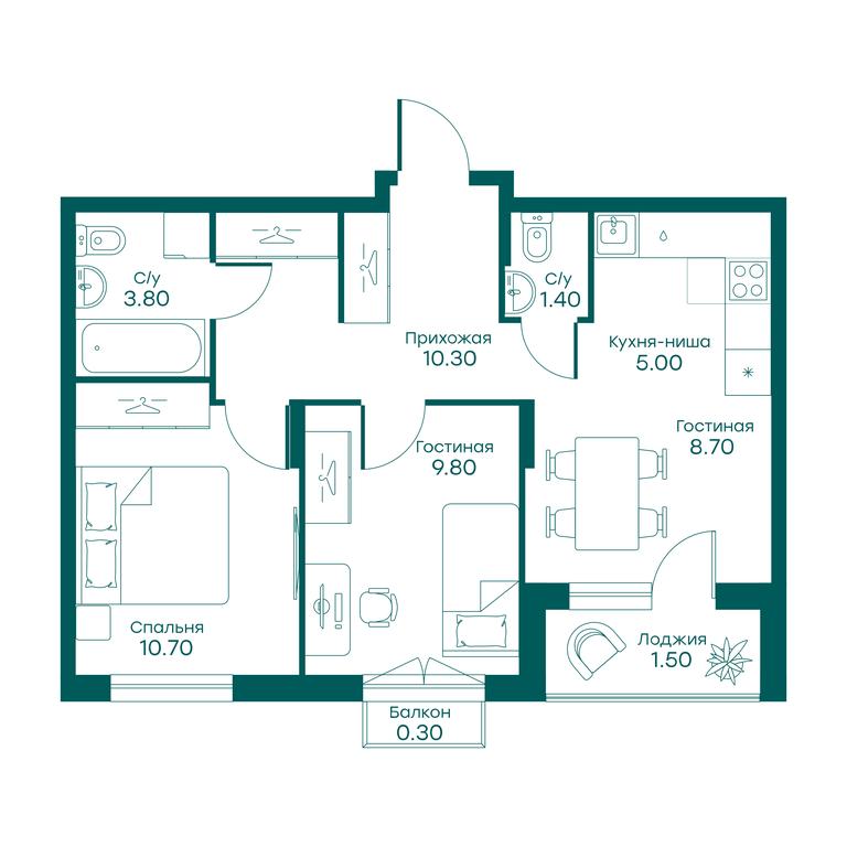 2-BD Apartment Sale, 49.7 sq. m. at Ravnovesie, zhiloy kompleks Ravnovesiye, selo Perkhushkovo, Odintsovskiy City District, Moscow Region, Russia #1
