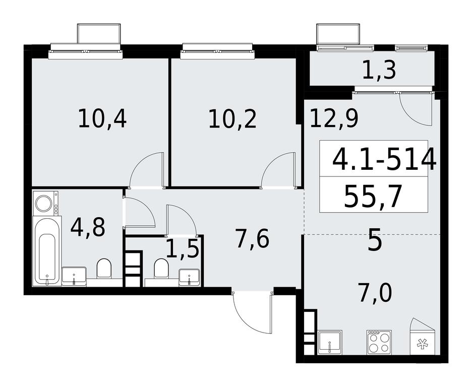 2-BD Apartment Sale, 55.7平方米 at Yzhnye Sady, Yuzhnye Sady Residential Complex, Moscow, Russia #1