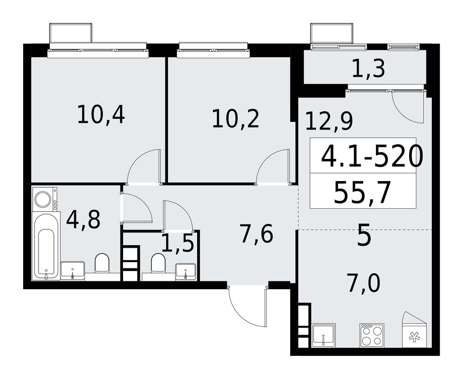 2-BD Apartment Sale, 55.7平方米 at Yzhnye Sady, Yuzhnye Sady Residential Complex, Moscow, Russia #1