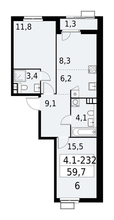 2-BD Apartment Sale, 59.7 sq. m. at Yzhnye Sady, Yuzhnye Sady Residential Complex, Moscow, Russia #1