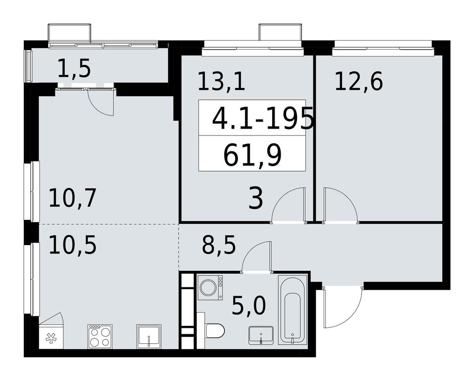 2-BD Apartment Sale, 61.9平方米 at Yzhnye Sady, Yuzhnye Sady Residential Complex, Moscow, Russia #1