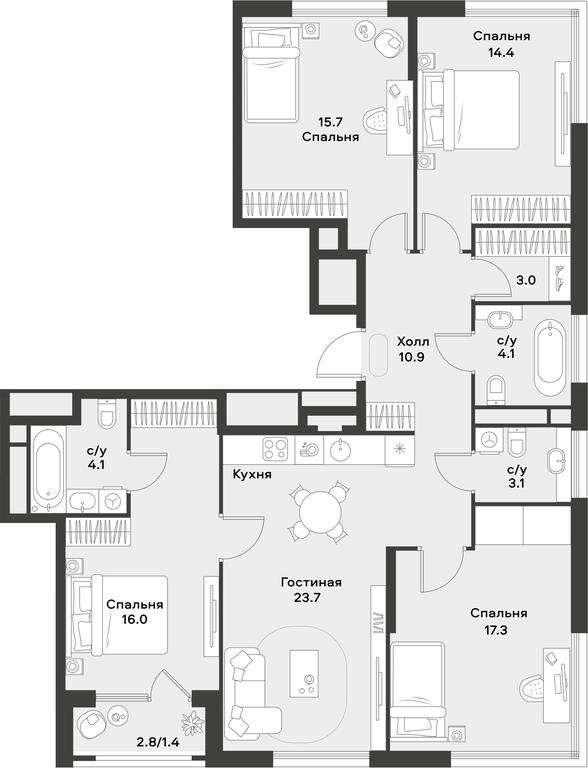 3-BD Apartment Sale, 113.7 sq. m. at Alia, Lyotnaya Street, 95Бк2, Moscow, Russia #2