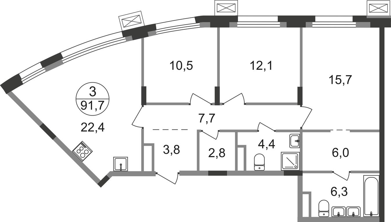 3-BD Apartment Sale, 91.7 sq. m. at Rezidentsii Skolkovo, Kashtanovaya ulitsa, 1, rabochiy posyolok Zarechye, Odintsovskiy City District, Moscow Region, Russia #1