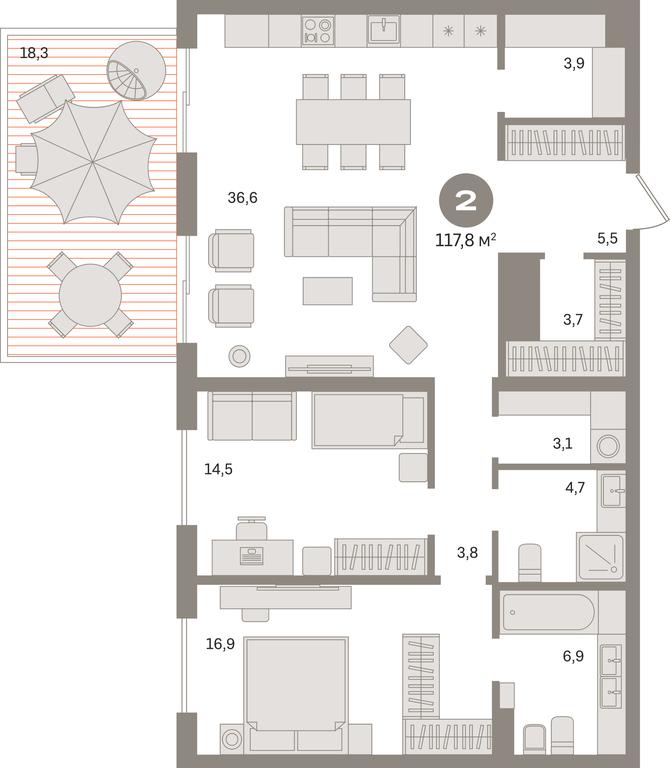 2-BD Apartment Sale, 118平方米 at Kvartal «MONS», Ogorodny Drive, Moscow, Russia #1