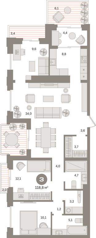 3-BD Apartment Sale, 121.5平方米 at Kvartal «MONS», Ogorodny Drive, Moscow, Russia #1